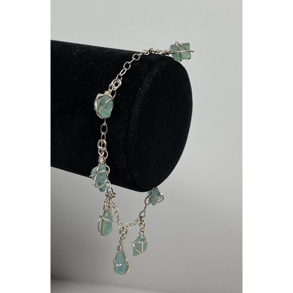 925 Bracelet Crystal Rough Sea Glass Beads Wrapped Sterling Silver 8”